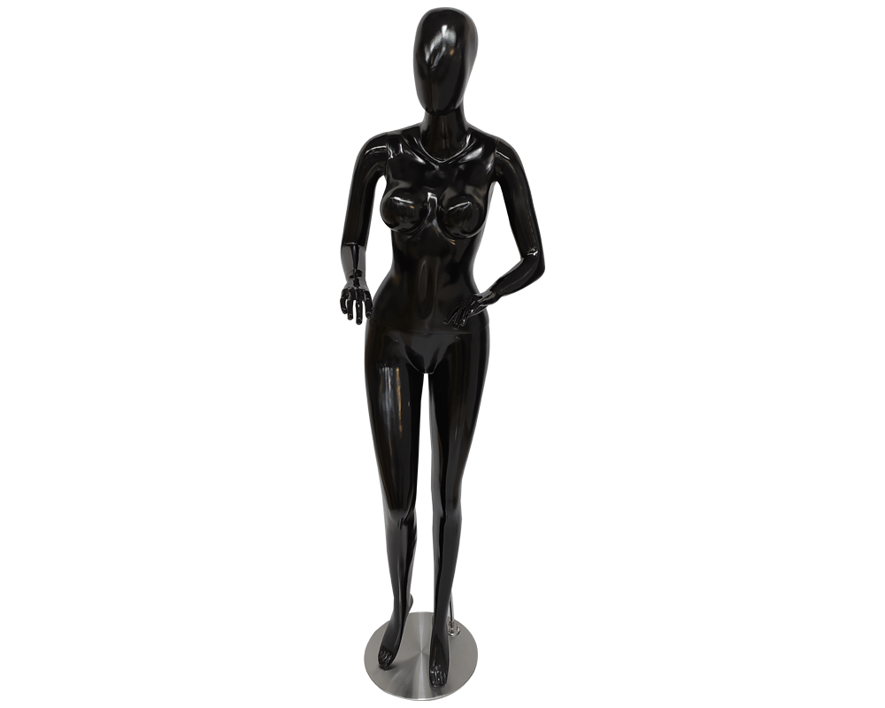 Maniquí androide mujer negro elaborado en fibra de vidrio y base en acero inoxidable de alta calidad y pintura líquida.